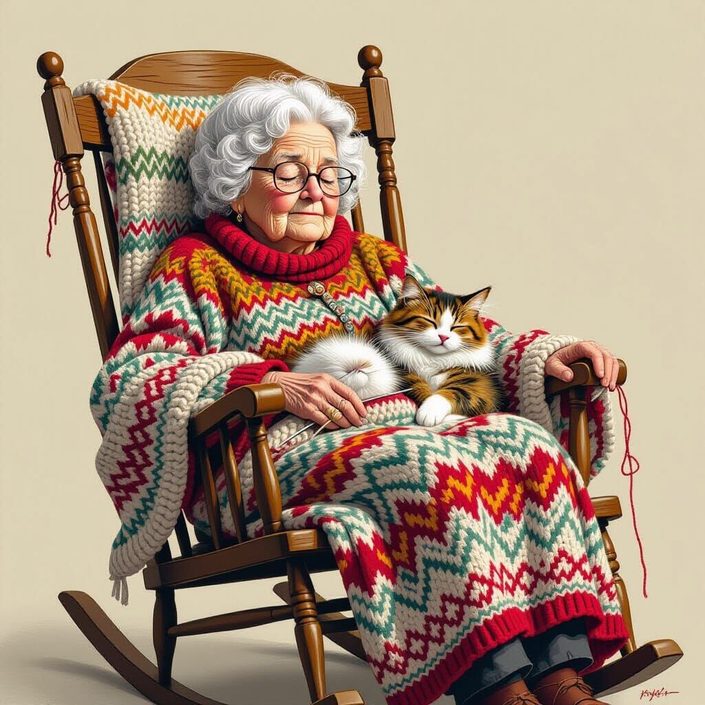 Old Lady Napping with Cat, Comic Book Style