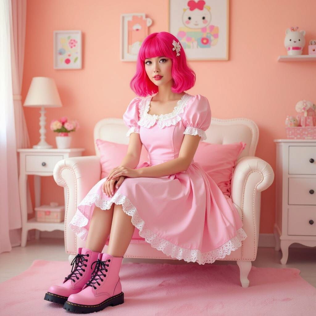 Kawaii Woman in Pink Living Room, Pop Art Style