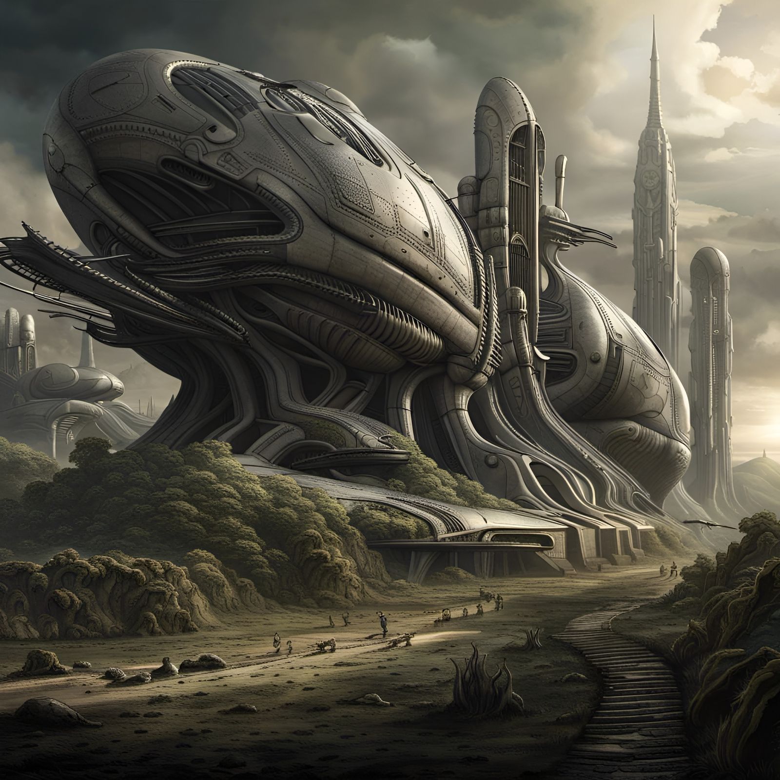 Cigar-Shaped Spaceship with Farmland in Biomechanical Style