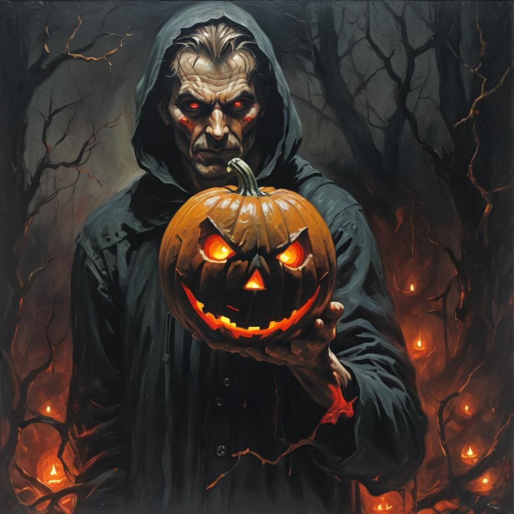 Sinister Man with Glowing Pumpkin: Dark Fantasy Art