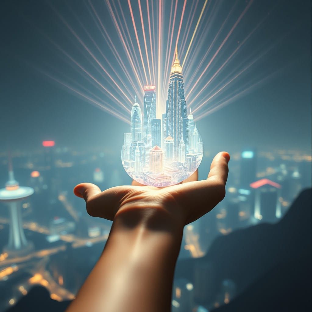 Ethereal Hand Adorned with Holographic Cityscape in Neon Fut...