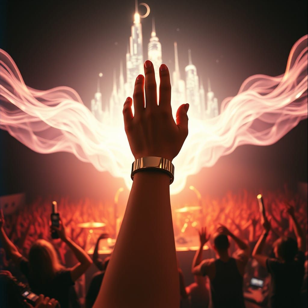 Sleek Futuristic Cityscape Rises Above Metallic Bracelet