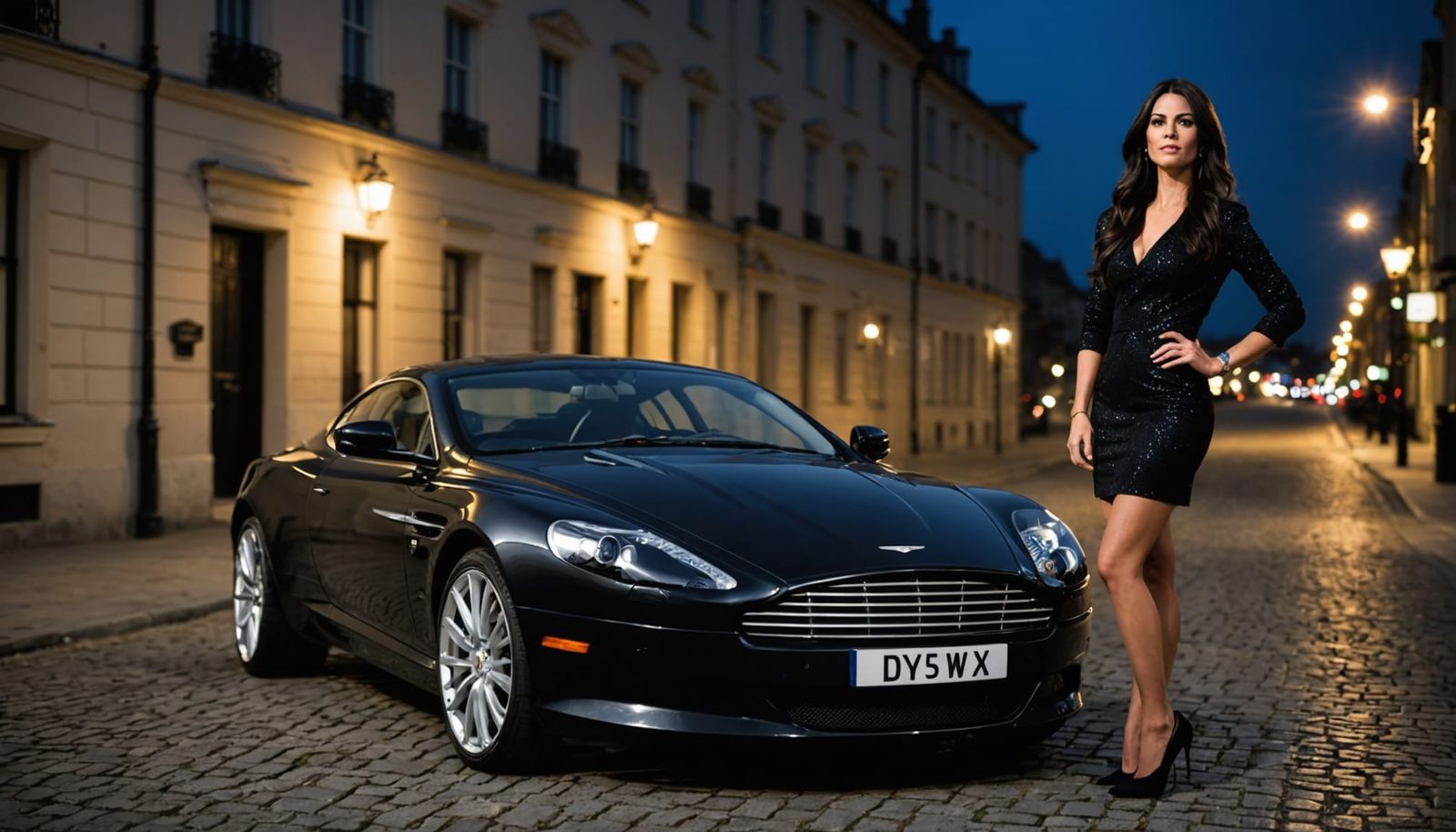 Elegant Woman Beside Black Aston Martin Under Starlight