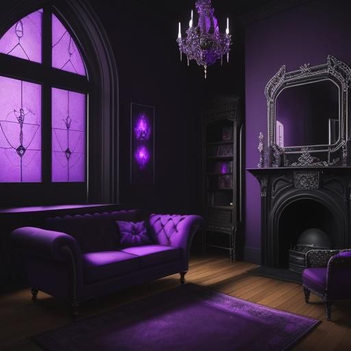 Gothic loft Apartment with Purple walls with Ethereal gothic silver windows& Purple Gothic victorian furniture& Purple g...