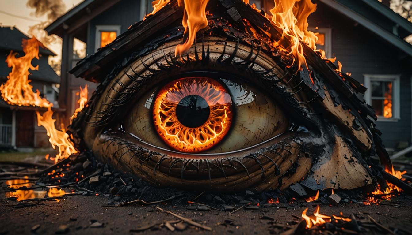 Eye Reflecting Burning House in Dark Surrealism