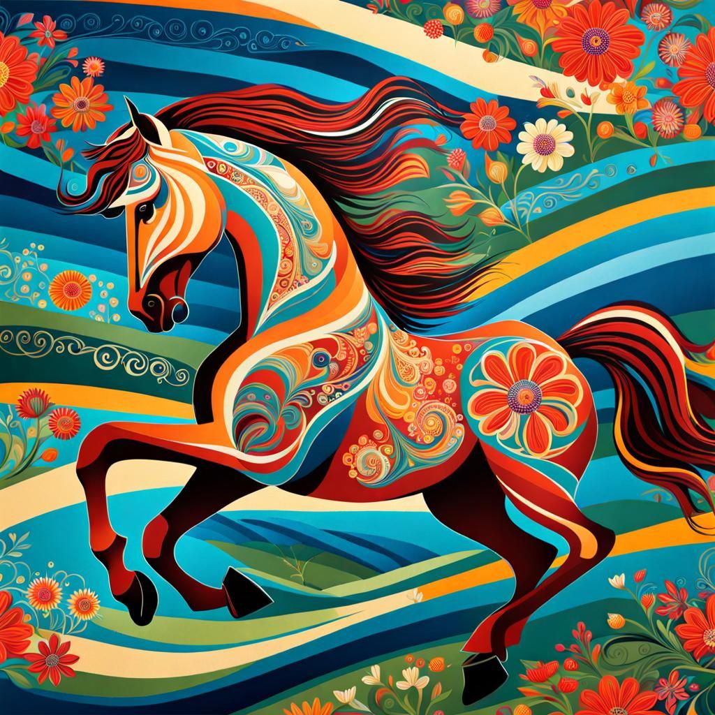 Horse Galloping in Flowery Field: Stylized Geometric Paintin...