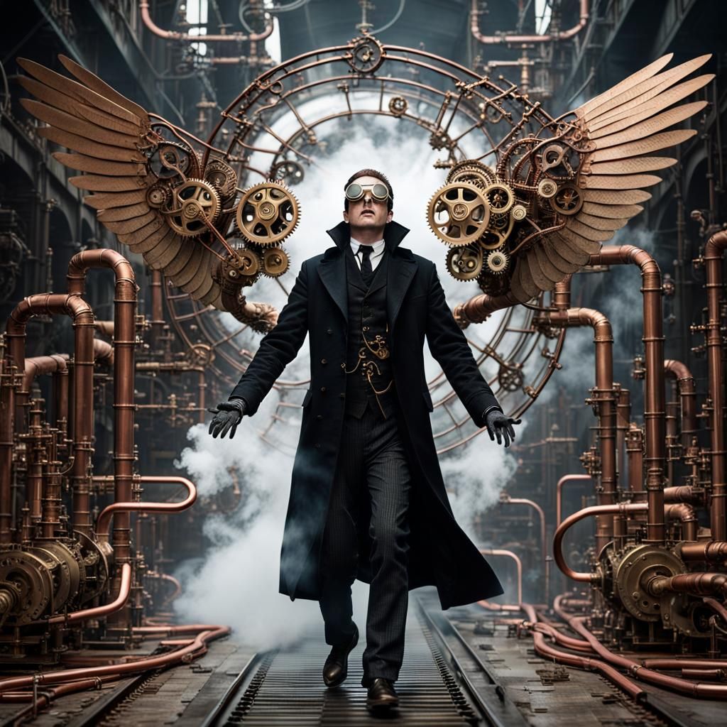 Steampunk Inventor Reaching for Clockwork Wings