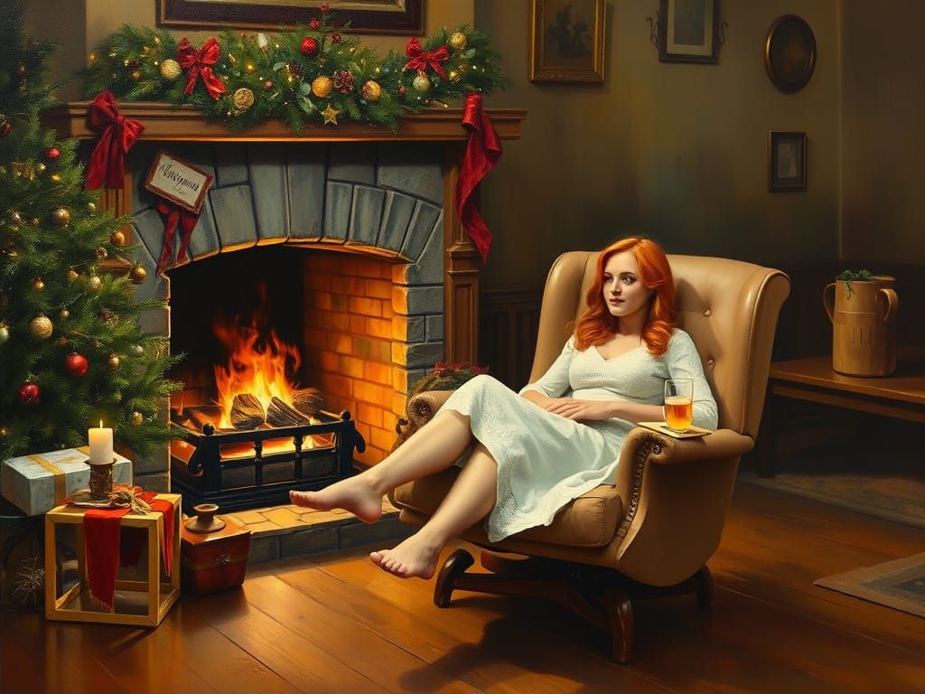 Christmas Scene with Barefoot Redhead Woman as Oil Painting