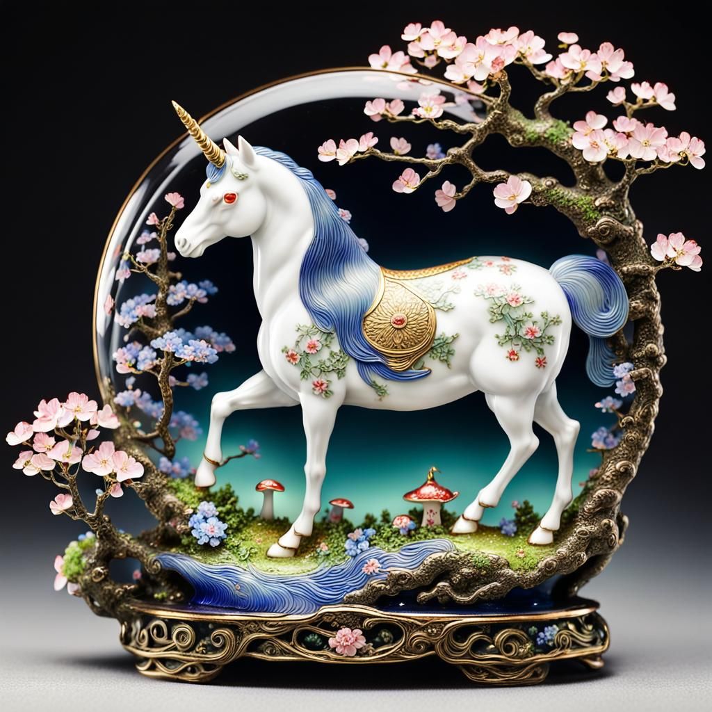 Enameled Geisha Figurine with Unicorn Forest