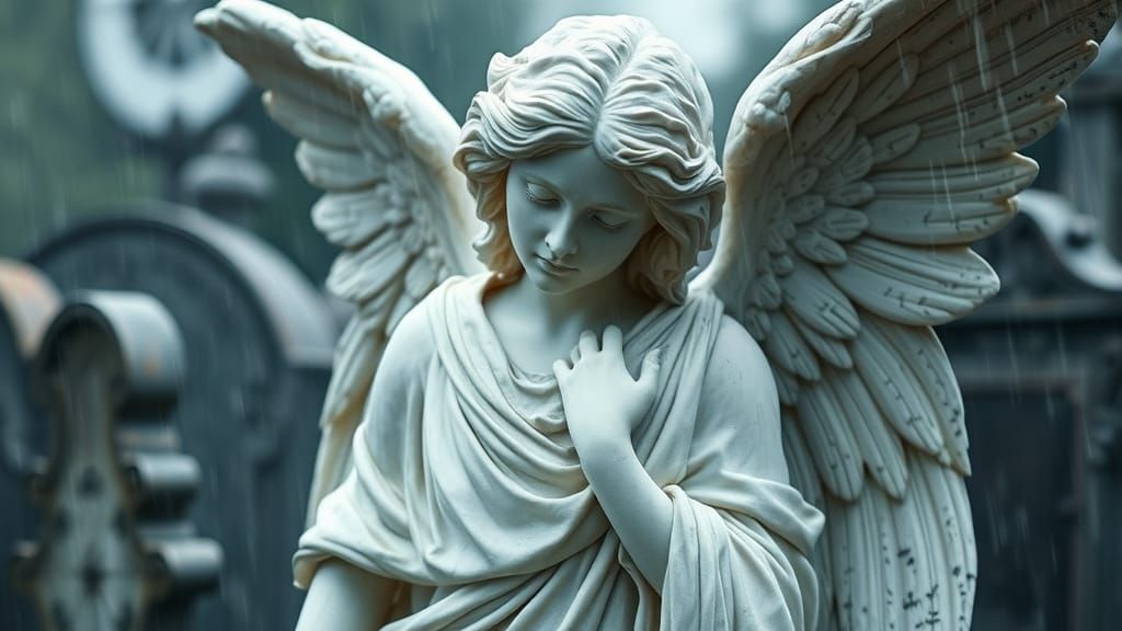Melancholic Angel Statue in the Rain