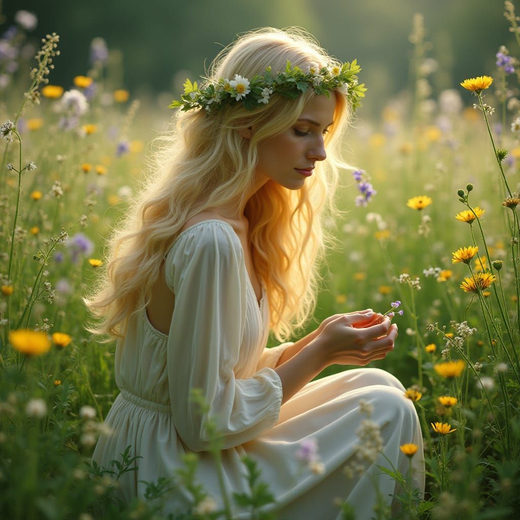 Woman Sowing Balm in Lush Mystical Meadow
