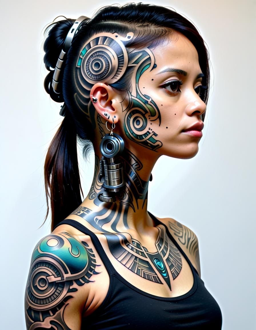 Biomechanical Neck Tattoo Art on Latina Model