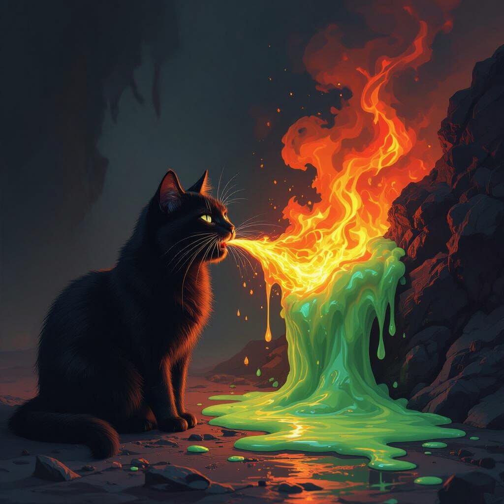Black Cat Spewing Lava With Green Goo