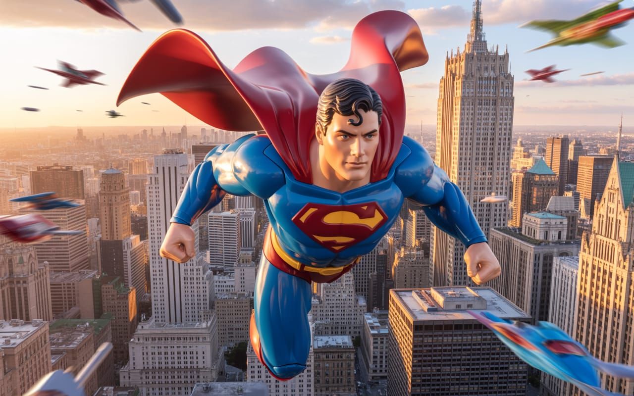 Superman soars through the air above a bustling Metropolis, cape billowing in the wind.