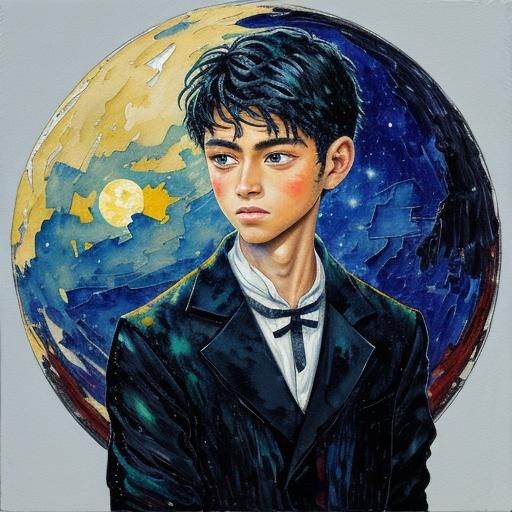 Boy Gazing at Moon in Neo-Impressionistic Style