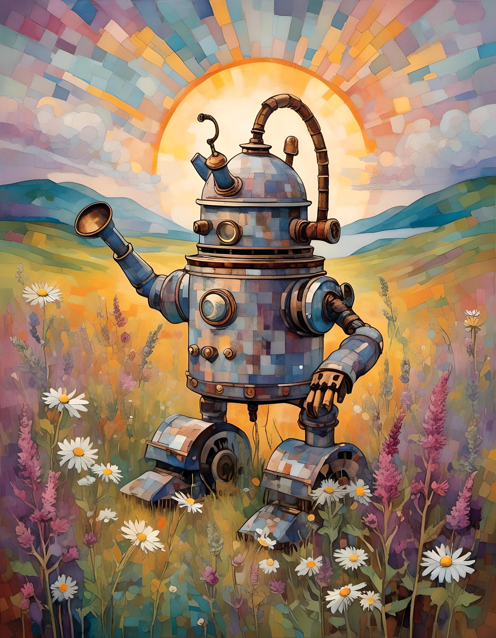 Steampunk Kettle Robot in Sunlit Flower Field