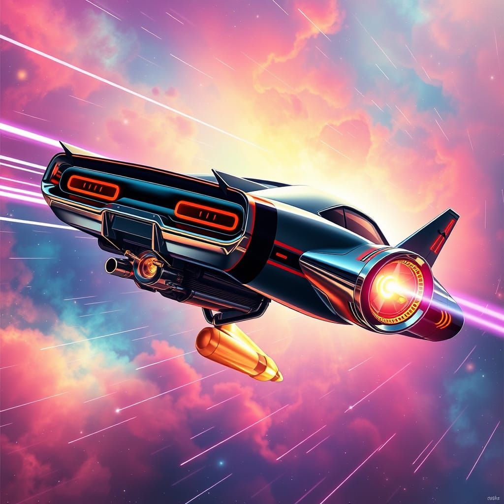 Retro-Futuristic Muscle Car Spaceship in Nebula