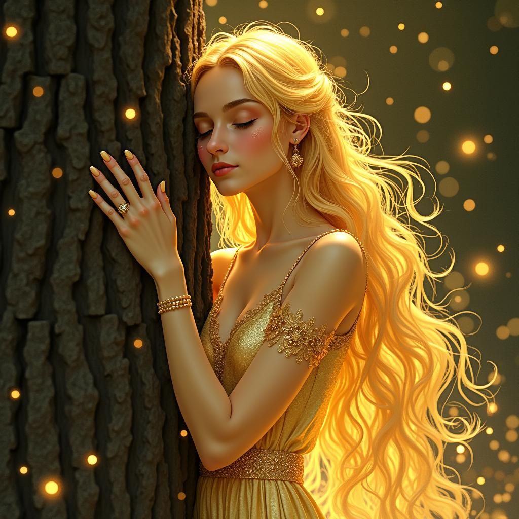 Art Nouveau Woman Embracing Tree in Golden Light