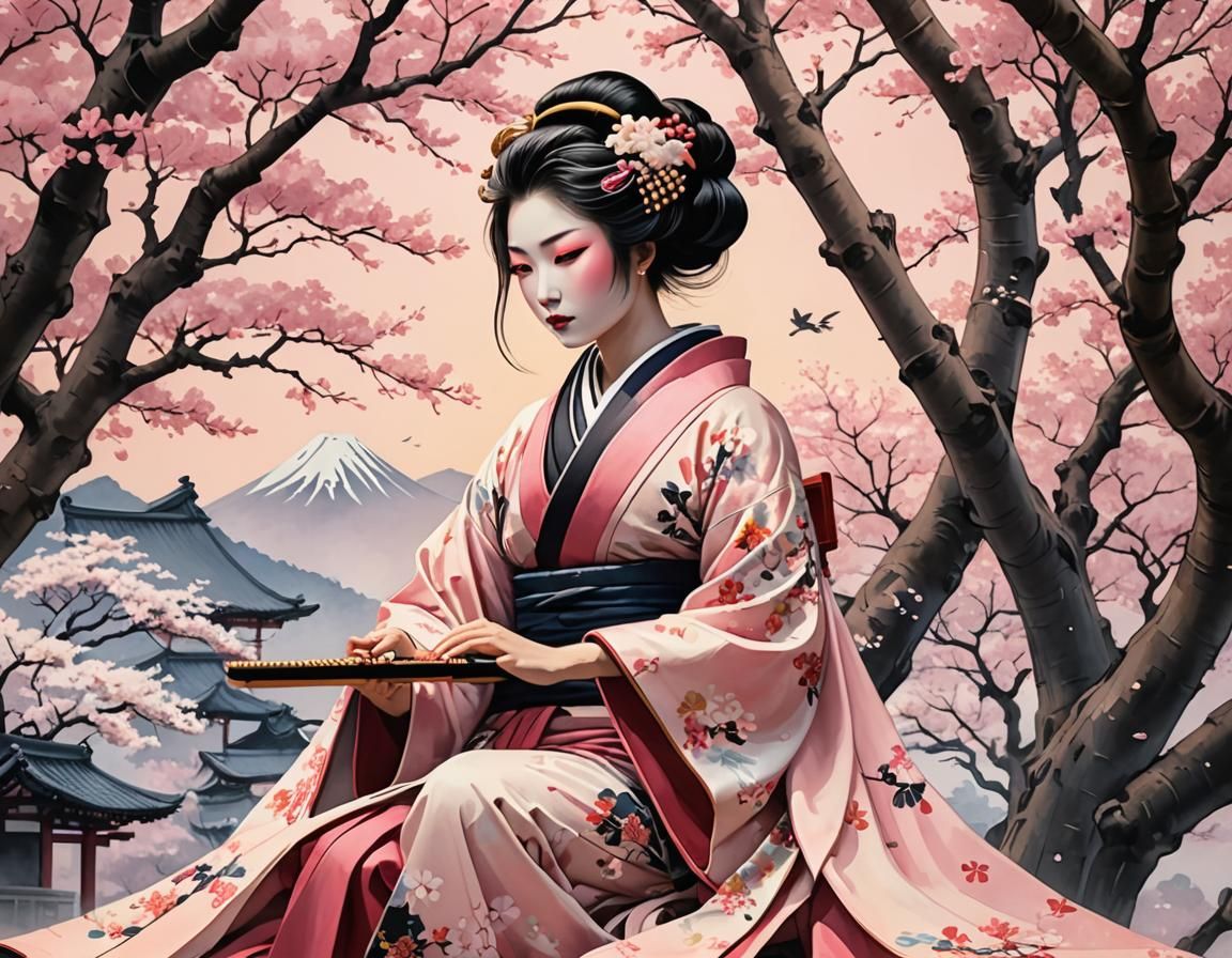 Geisha Playing Koto Under Cherry Blossoms in Ukiyo-e Style