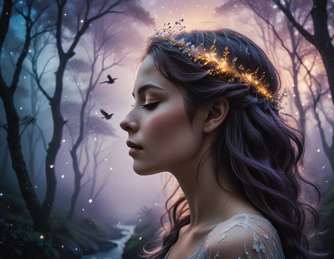 Serene Woman in Ethereal Twilight Landscape