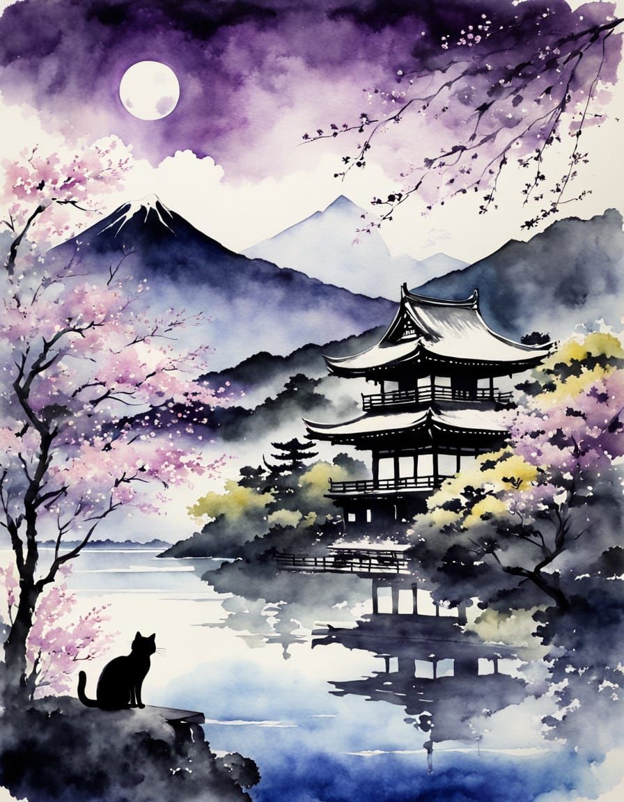 Japanese Watercolor: Cat and Purple Moon