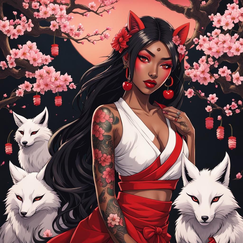 Woman with Cherry Blossom Clip and Kitsune Mask