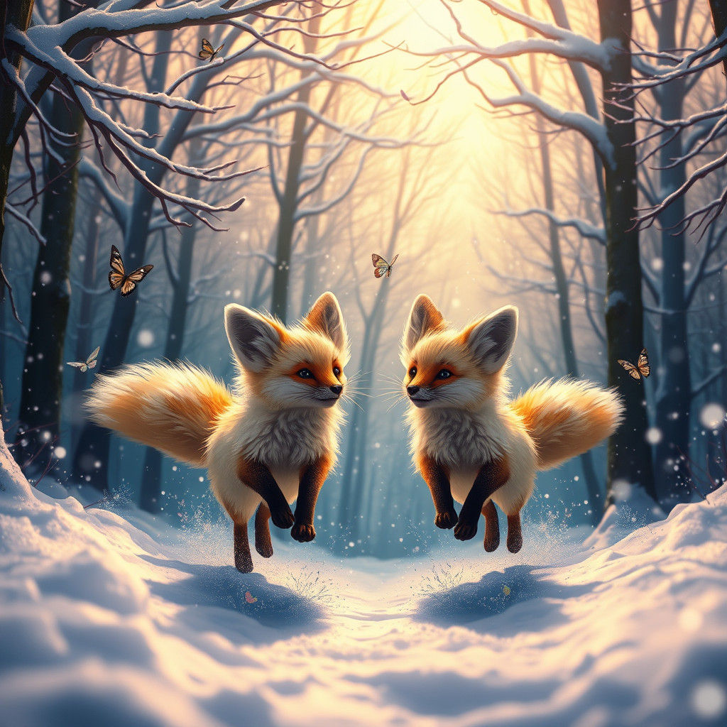 Fennec Foxes Play in Snowy Butterfly Forest