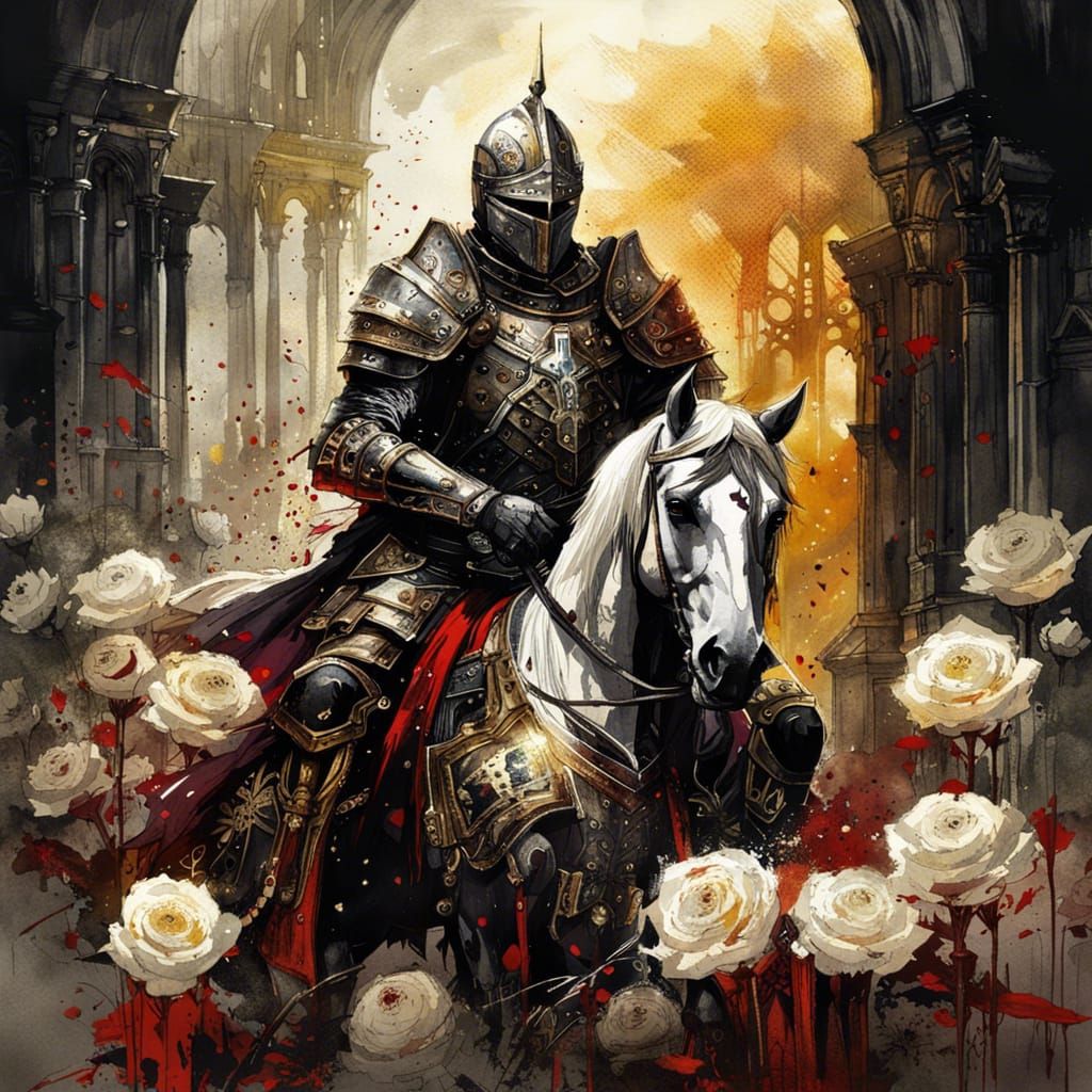 Gothic Knight Templar Rides in Golden Sunlight