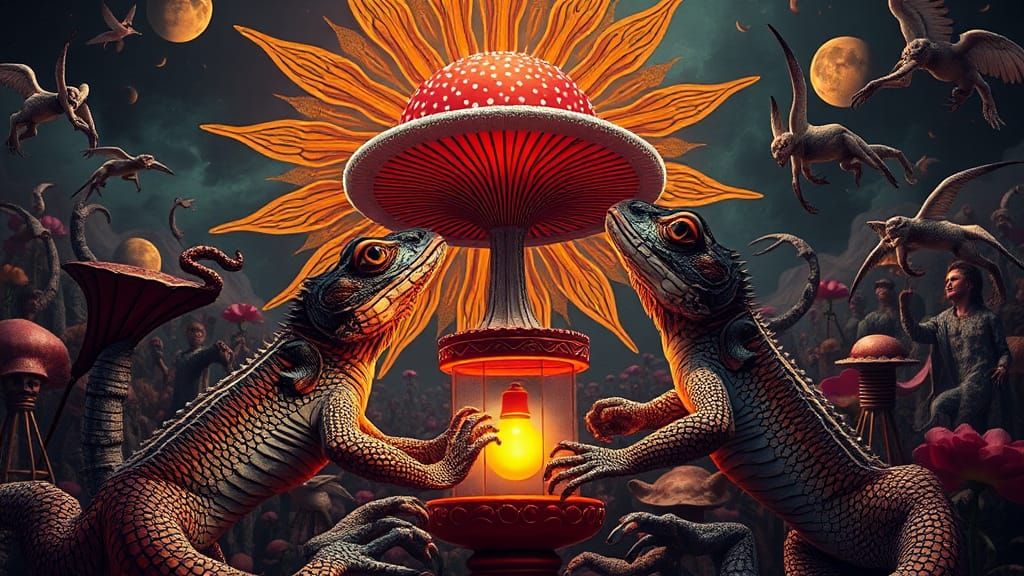 Lizard Woman with Sun, Moon, and Mushroom