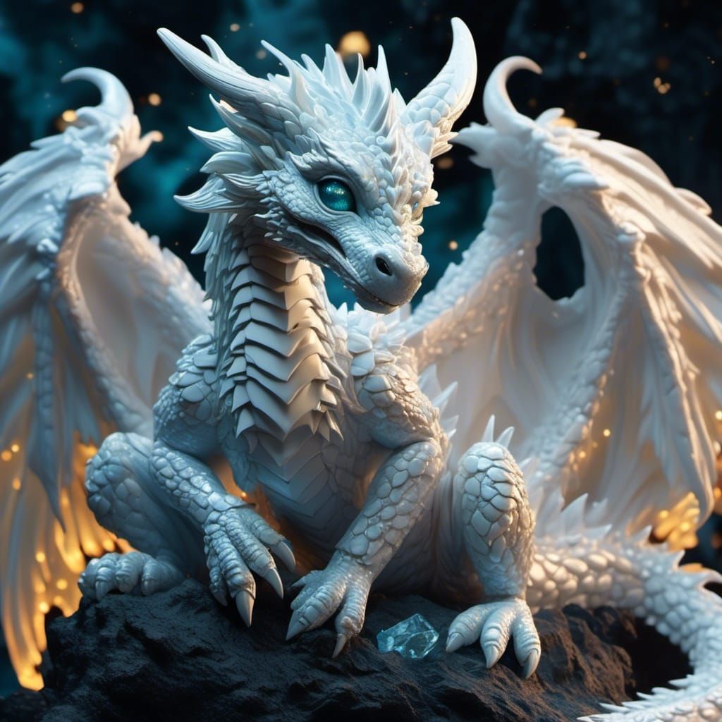 Pearlescent White Dragon in Cave, Hyperrealistic Detail