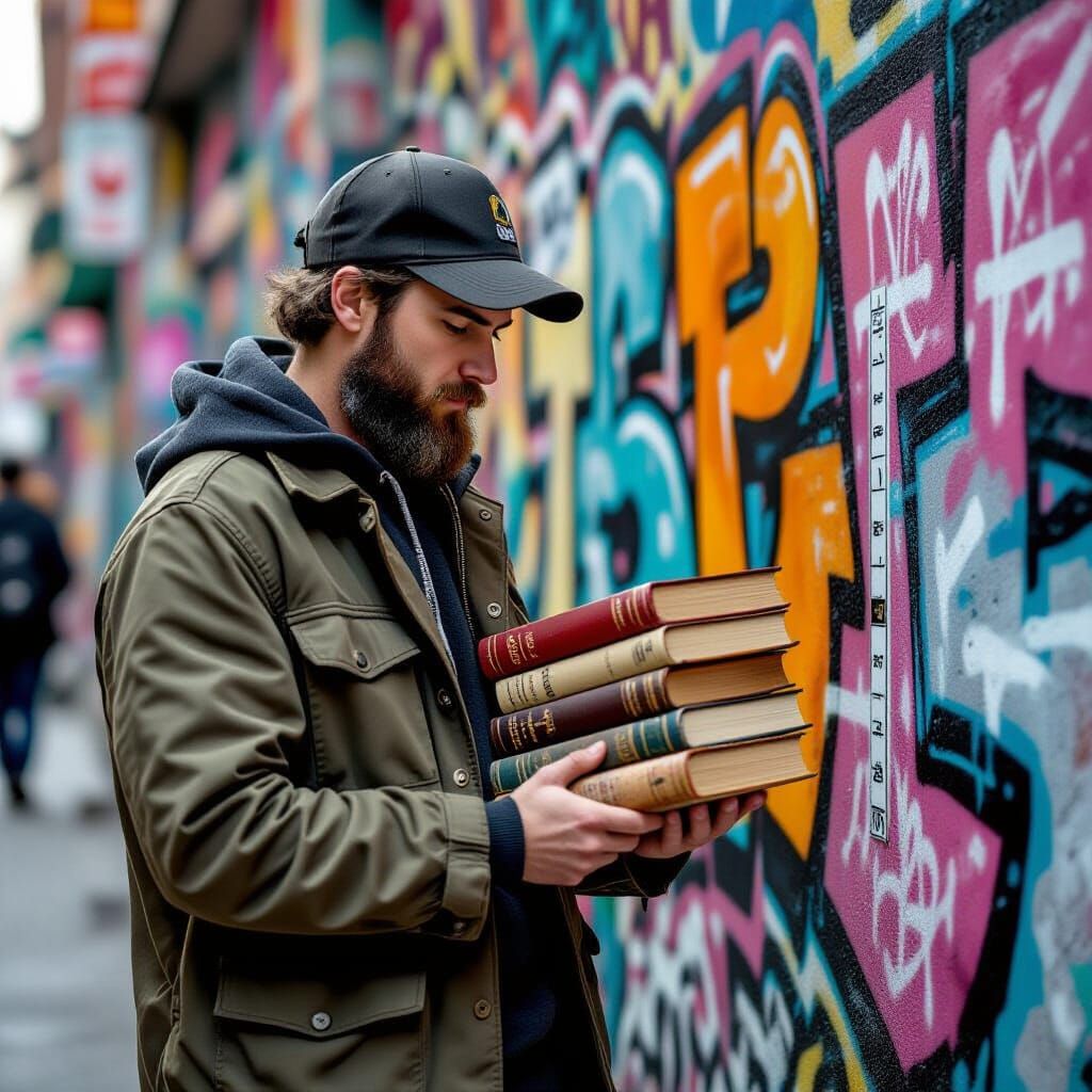 Man Measures Near Graffiti Wall in Street Art Style