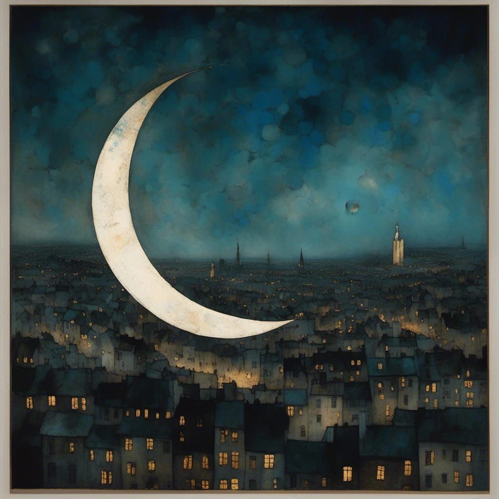 Giant Crescent Moon Over Noir City, Art Nouveau Portrait
