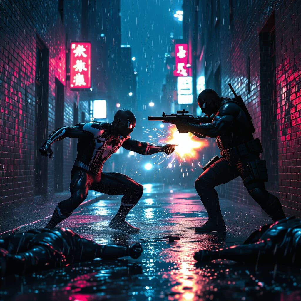 Black Spider-Man vs The Punisher: Cinematic Neon Fight