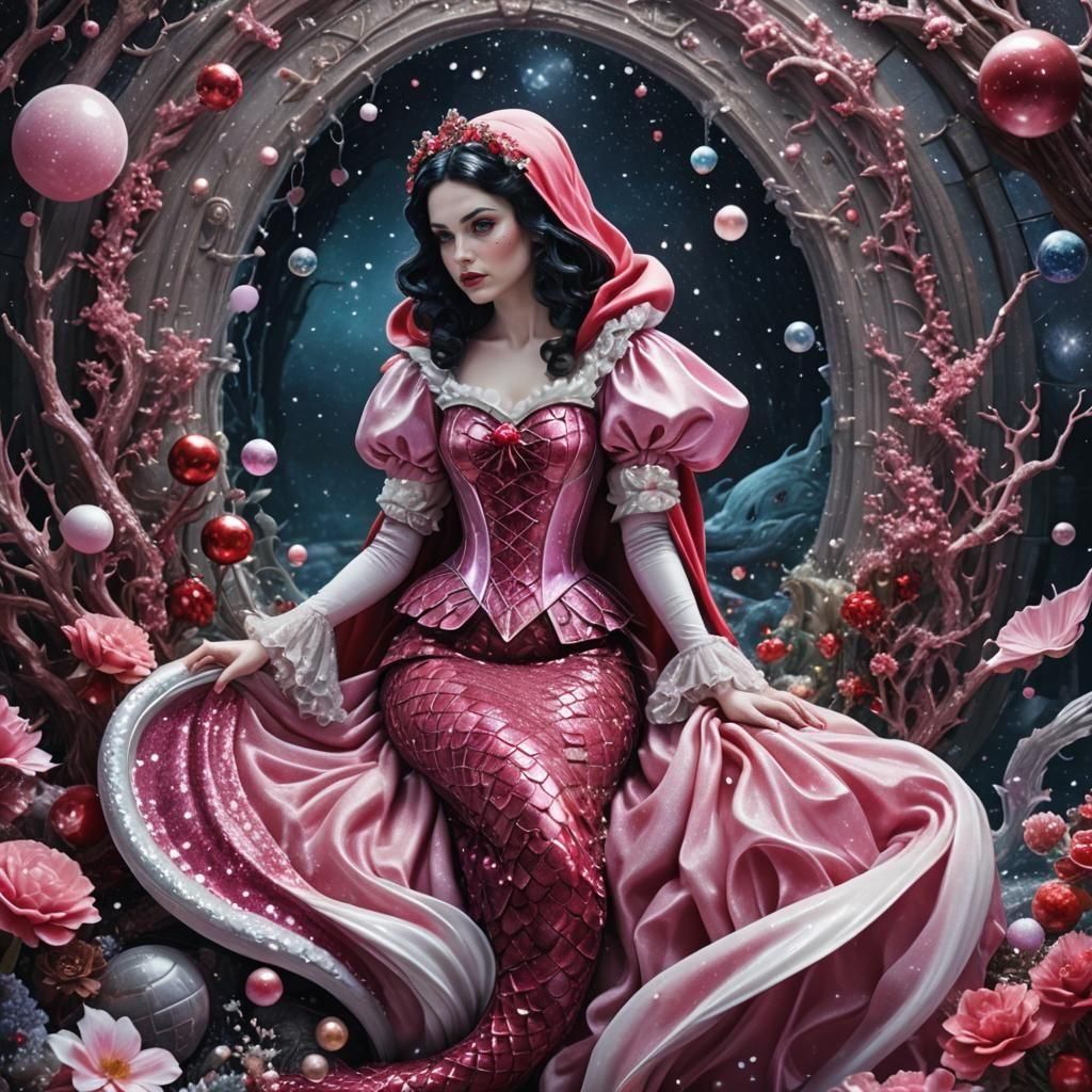 Snow White Mermaid in Space with Red Riding Hood