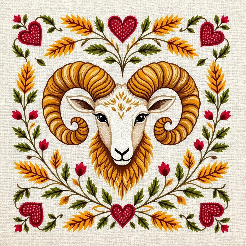 Aries Ram Zodiac Art in Slovak Folk Embroidery Style