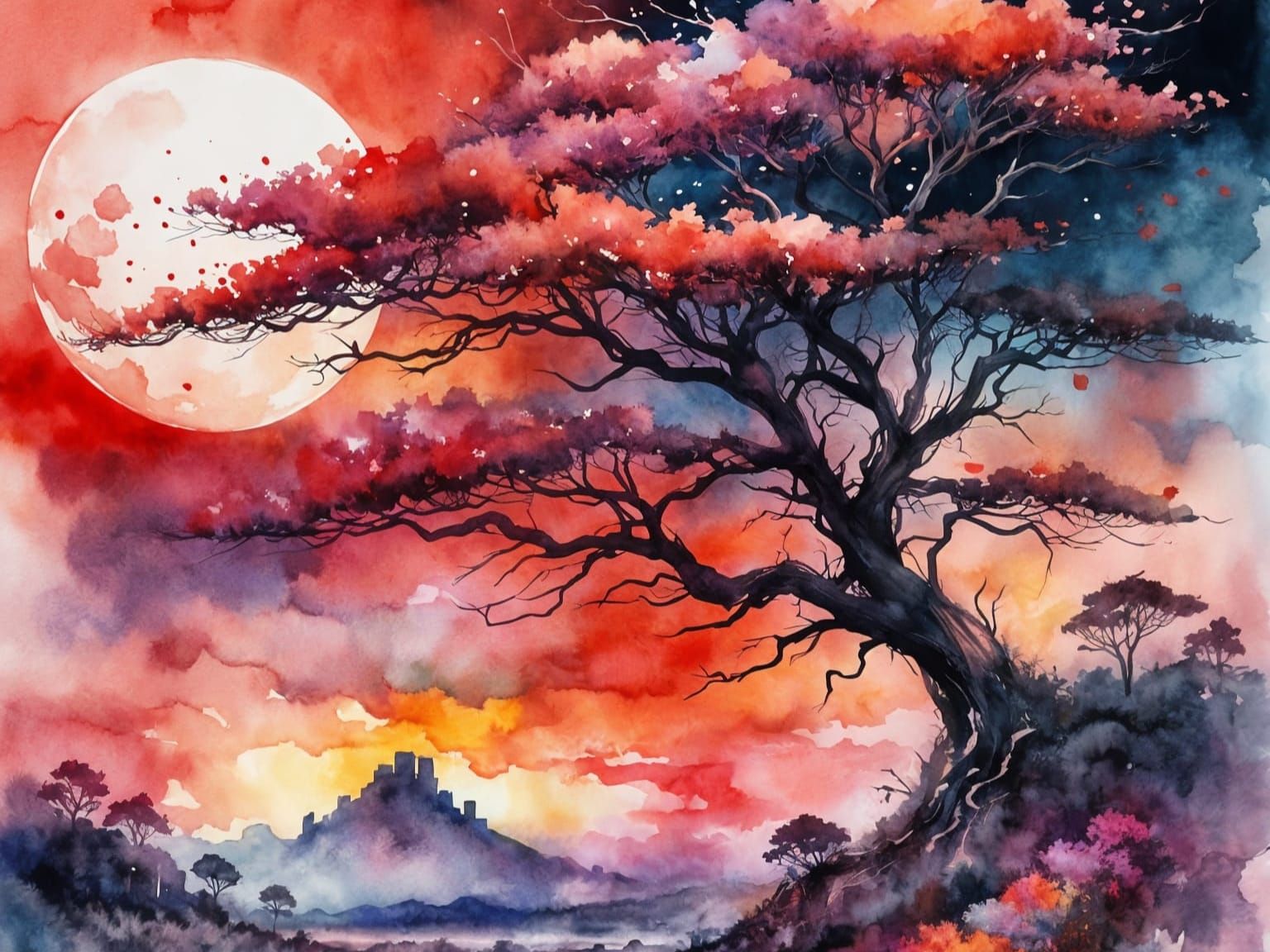 Blood Moon Summerscape: A Watercolor Illustration