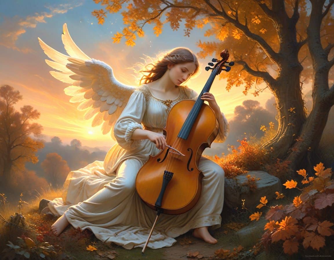 Celestial Angel Plays Starlight Cello in Autumn Sunset
