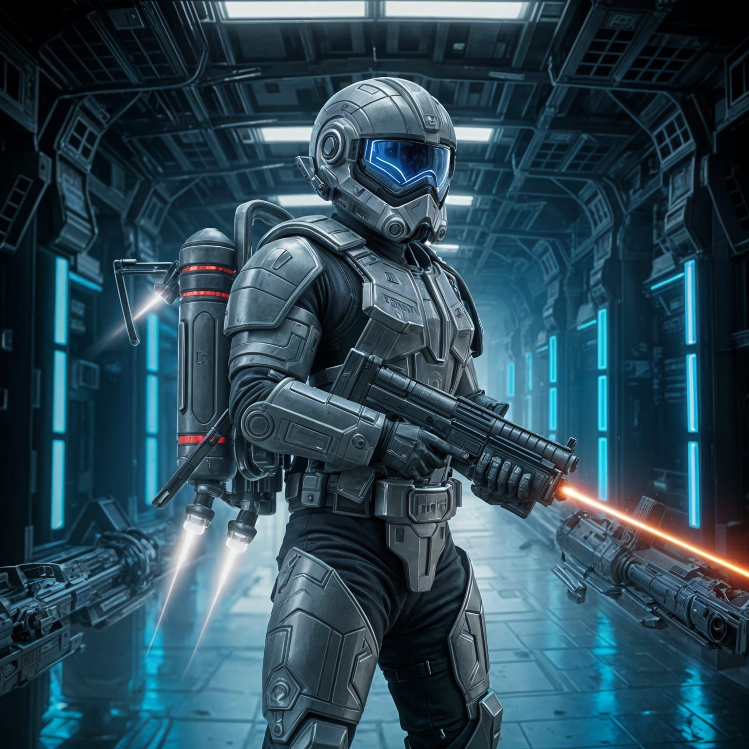 Futuristic Soldier with Jetpack and Laser Gun