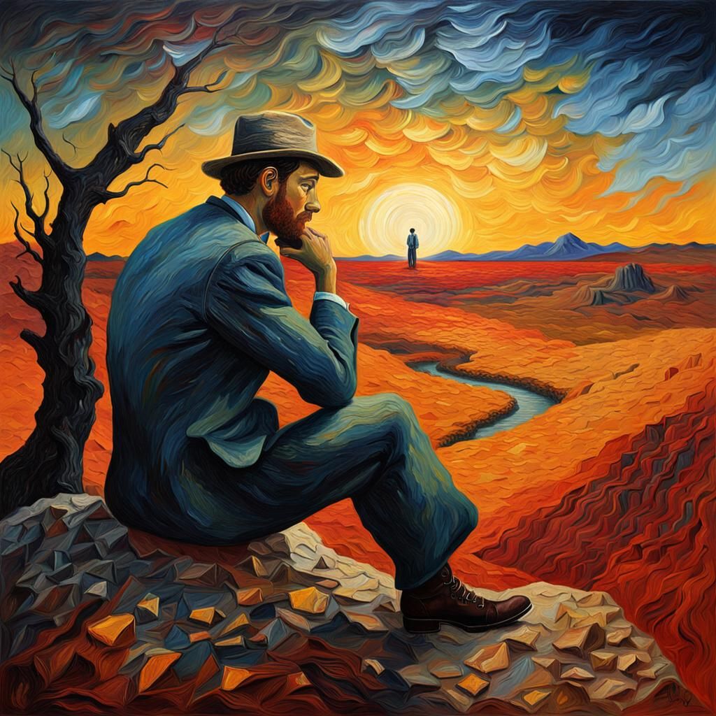 Man Contemplates Broken Heart in Surreal Oil Painting