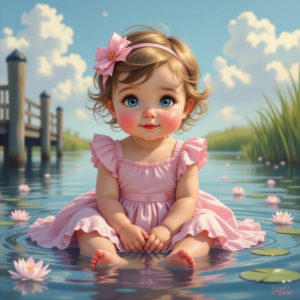 Baby Girl on Pier as Hyperrealistic Digital Art