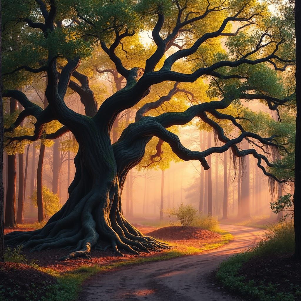 Enchanted Forest with Majestic Accident Tree in Warm Sunset ...