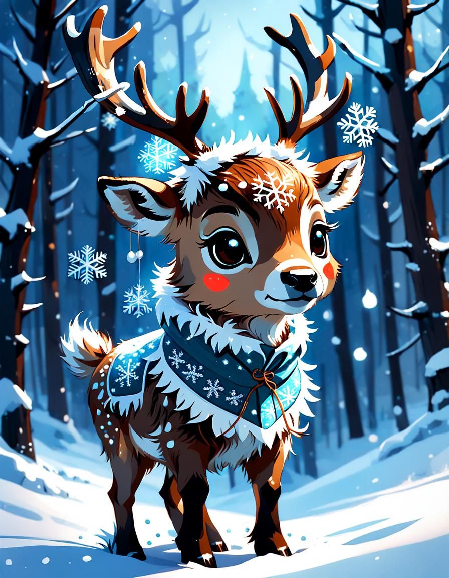 Whimsical Reindeer in Snowflake Outfit, Digital Art Style