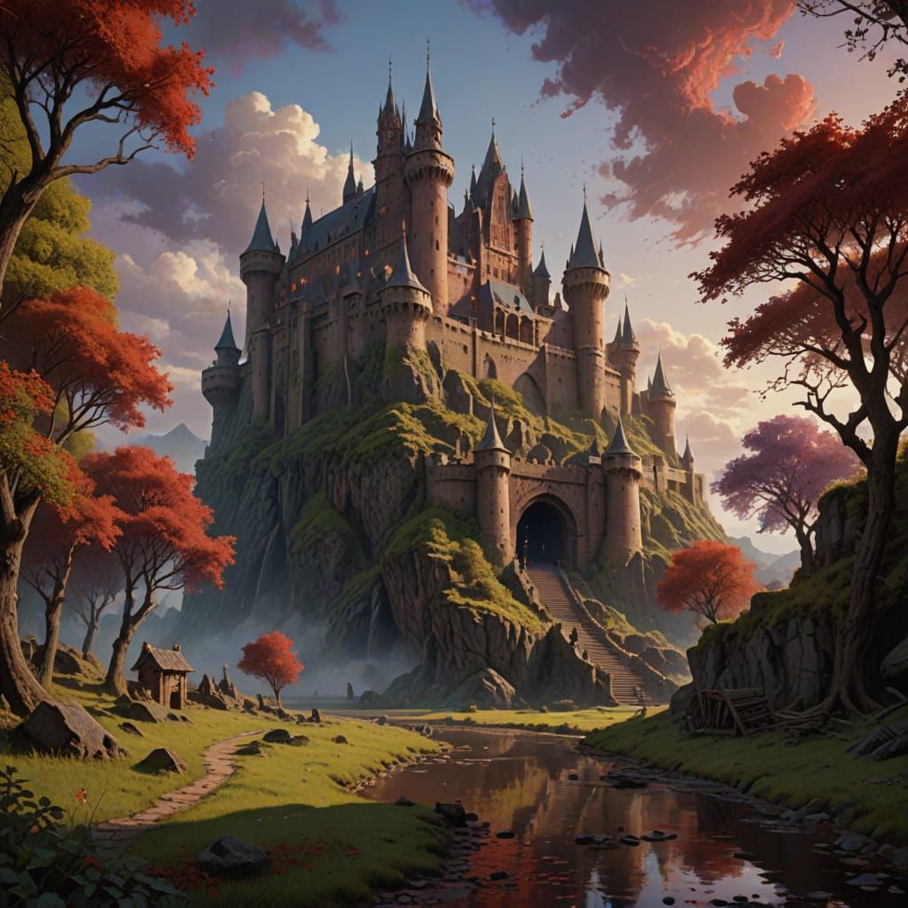 Liquid Color Palette Blending into Ancient Fortress: Matte P...