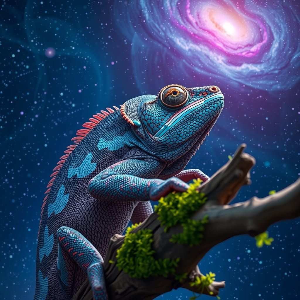 Iridescent Chameleon Gazing at Starry Night
