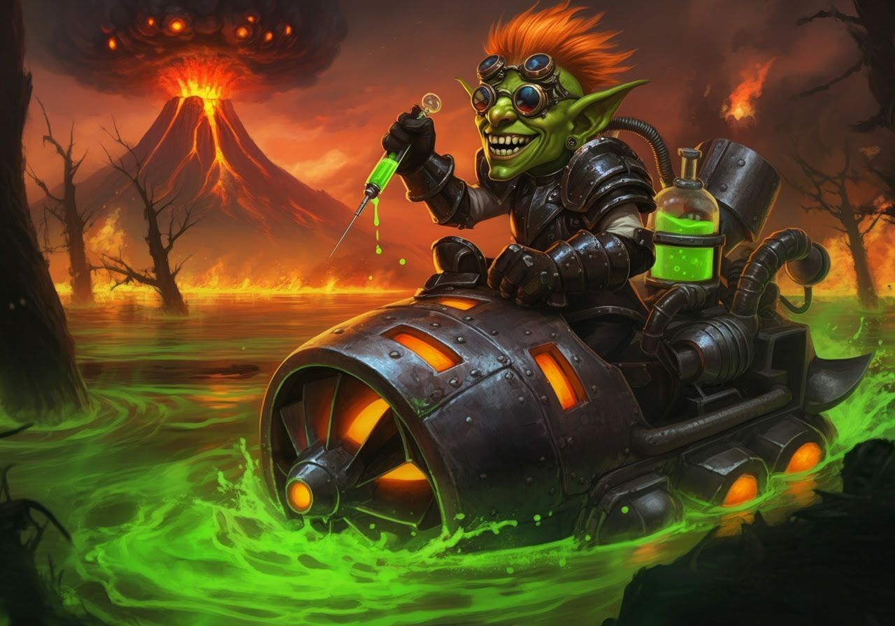 Steampunk Goblin Scientist on a Neon Acid Lake