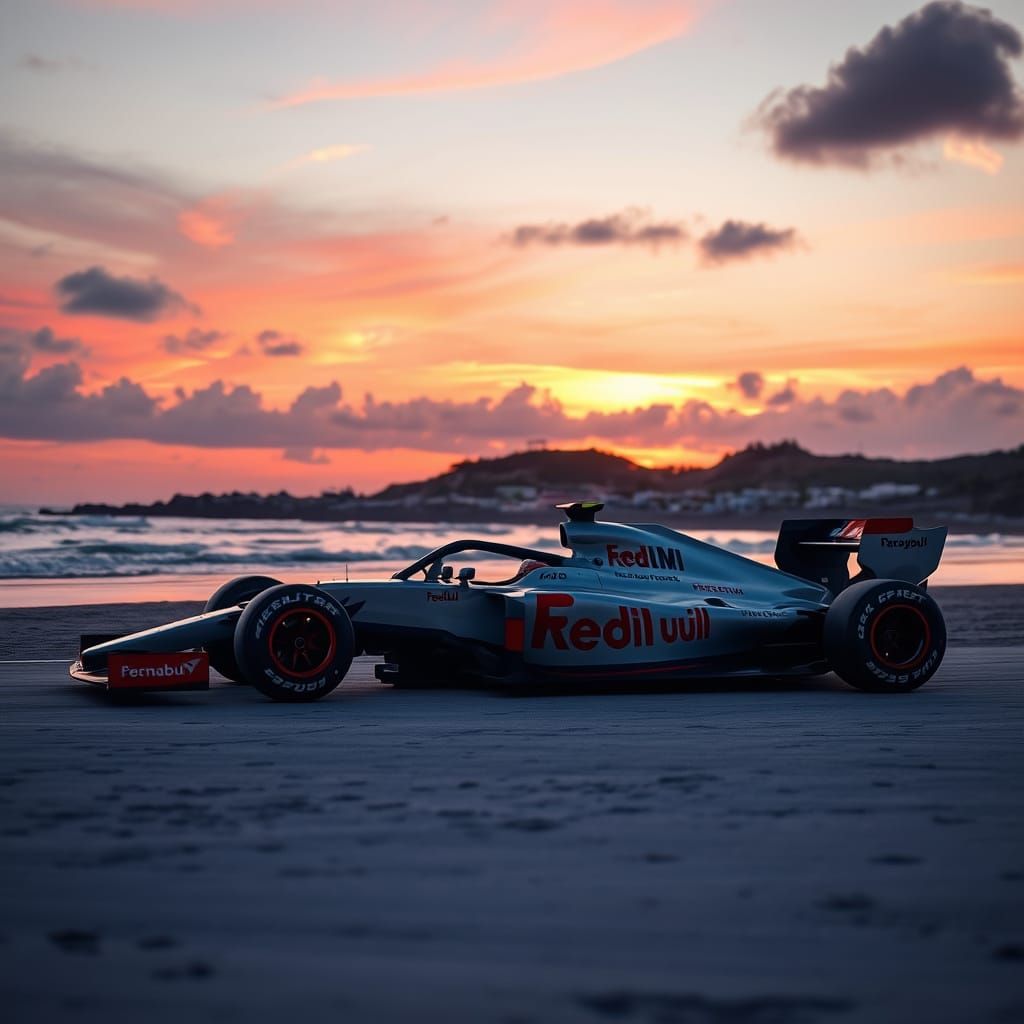 Formula One Car Chases Sunset on Serene Beach