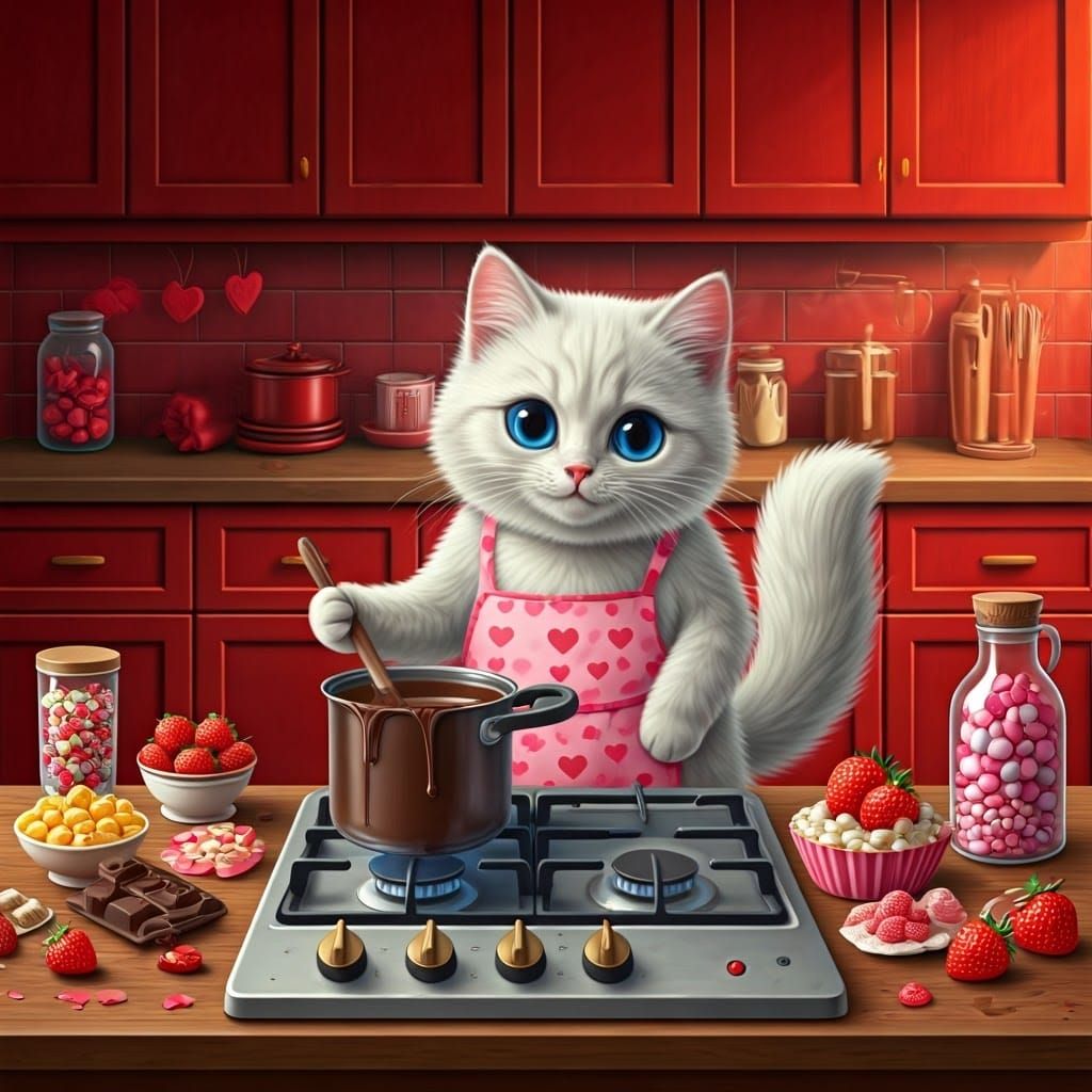 Cozy Valentine's Kitchen Scene with White Cat