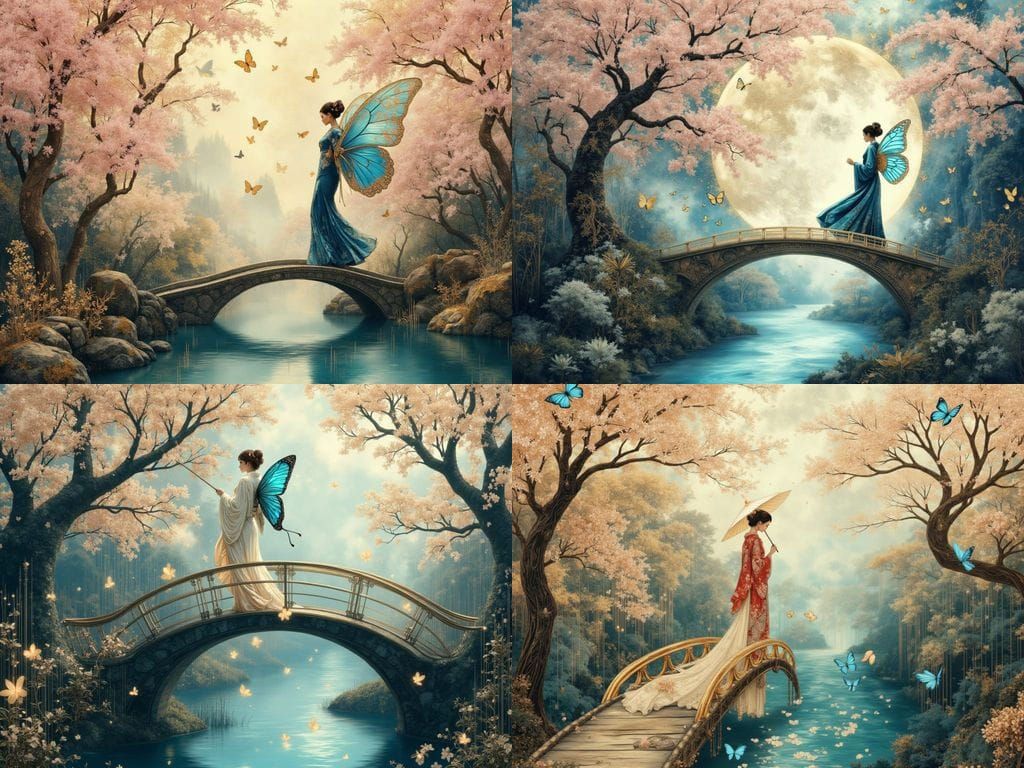 Kintsugi Bridge in Zen Garden with Butterfly Woman