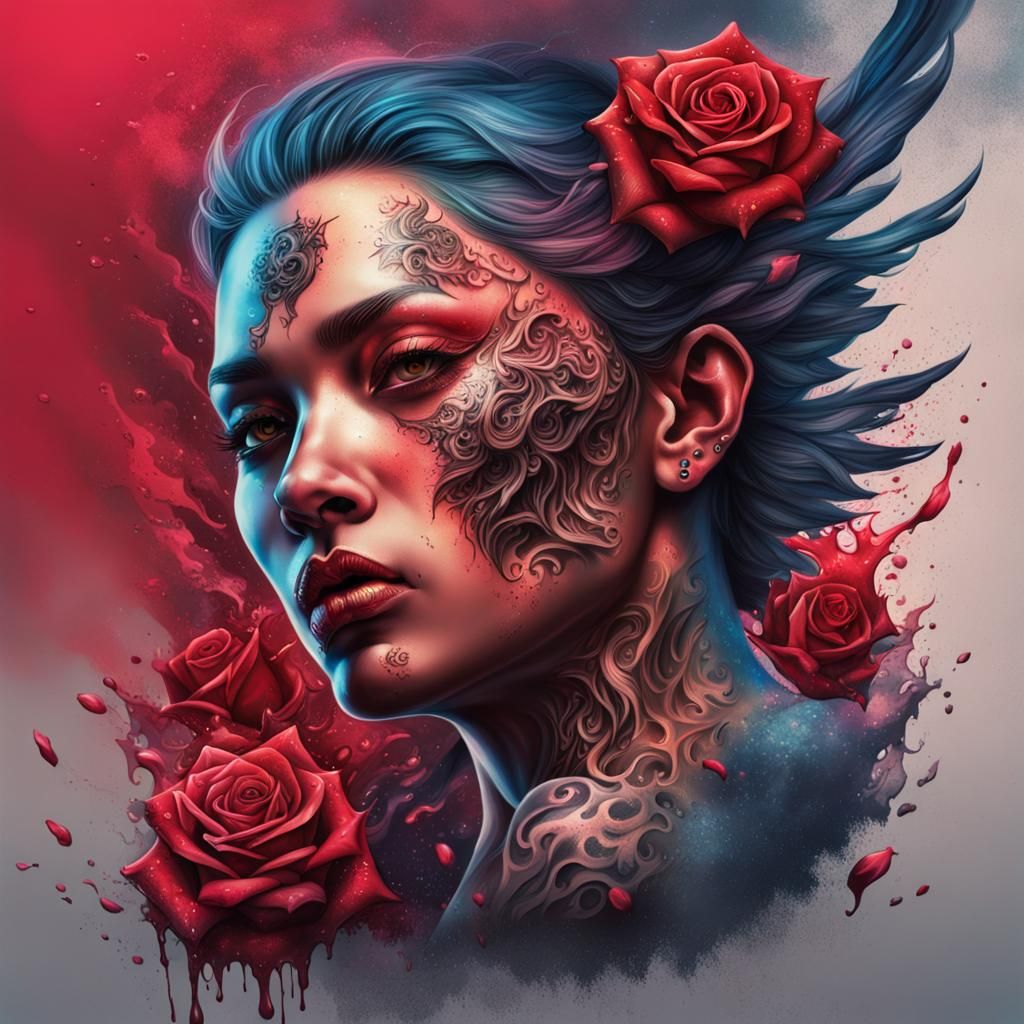 Demon Angel with Rose Tattoo, Hyperrealistic Splash Art