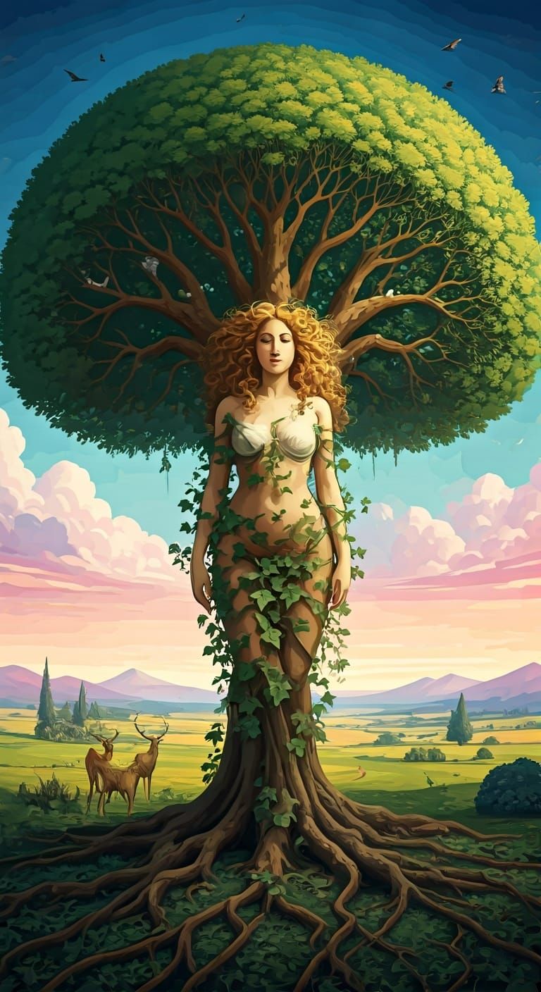 Art Nouveau Tree of Life Woman in Surreal Landscape
